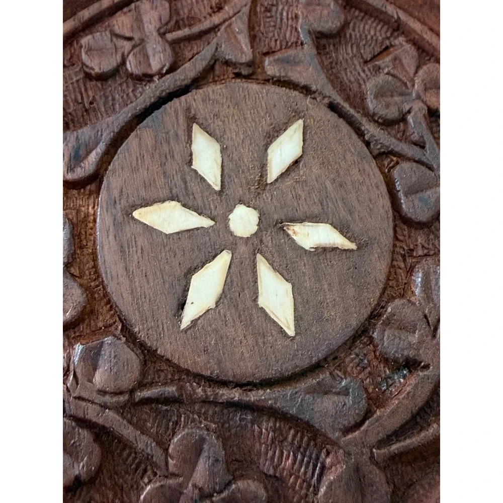 Vintage Busch Gardens Hand-Carved Bone Inlay Wood Coaster Set - 6 Floral